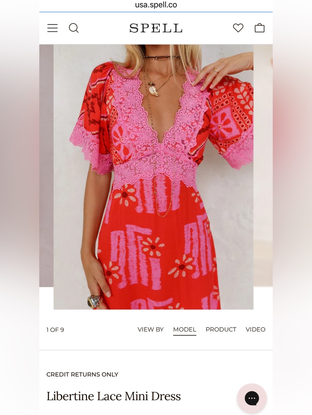 SPELL Libertine Lace Mini Dress in Red with Pink Lace Trim